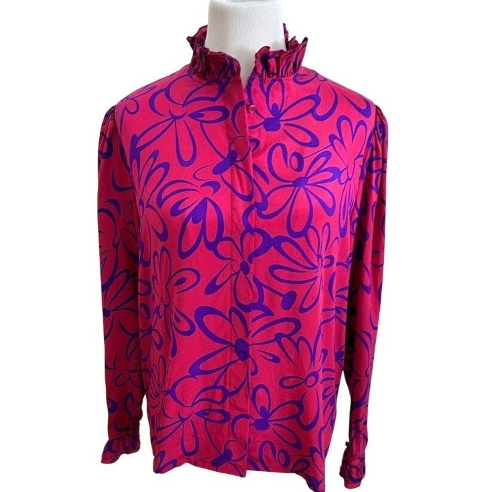 Vintage Silk Floral Ruffle Neck Long Sleeve Blouse Women's Pink Purple‎ Size 16